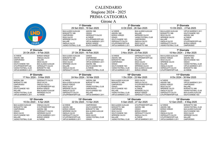 PRIMA CATEGORIA Ecco i calendari dei 4 gironi liguri