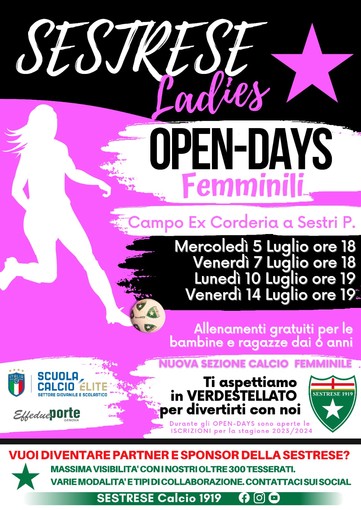 SESTRESE Gli Open Day del calcio femminile dal 5 al 14 luglio alla Corderia