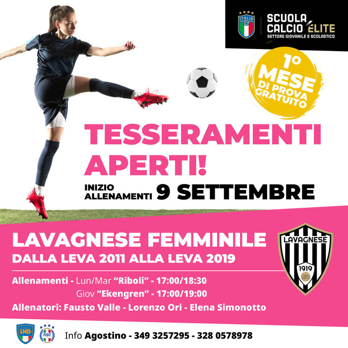 LAVAGNESE FEMMINILE Aperti i tesseramenti, inizio allenamenti 9 settembre