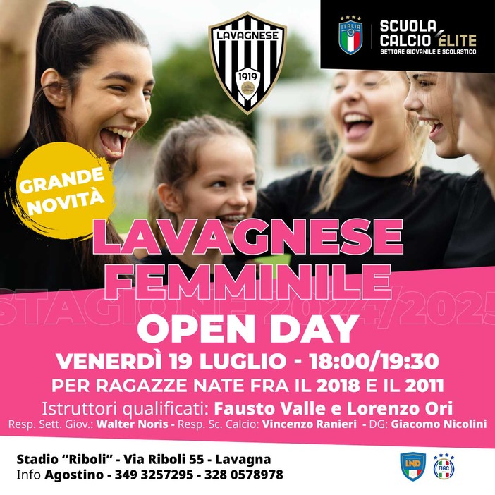 (RI)NASCE LA LAVAGNESE FEMMINILE - PRIMO OPEN DAY IL 19 LUGLIO AL RIBOLI DI LAVAGNA